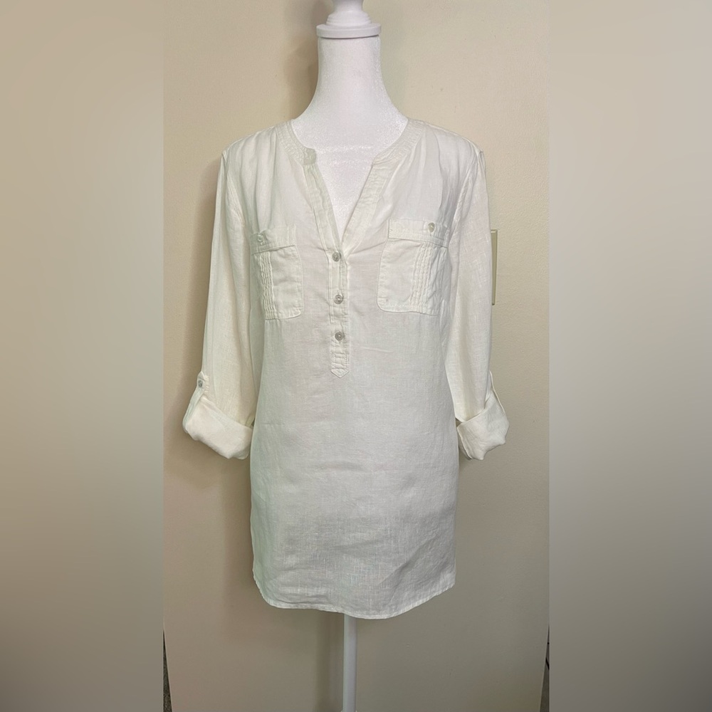 Talbots Women’s 100 % Linen Long Sleeve V Neck White Top Blouse Sz Small